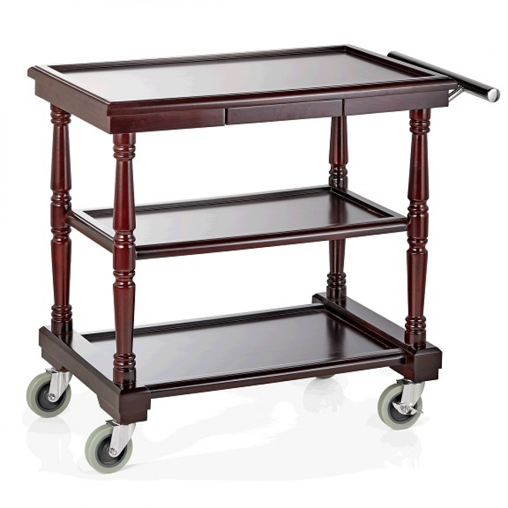 Carucior servire, din lemn, cu 3 polite, maner din inox, 92x50xH79 cm 